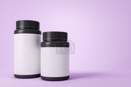 Téléchargez les photos : Two black medicine bottles for pill on light purple background. Product and label blank copy space. Concept of pharmacy. 3D rendering - en image libre de droit