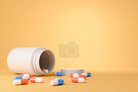 Foto de White medicine bottle with capsules on light yellow background. Product name and label empty copy space. Concept of pharmacy. 3D rendering - Imagen libre de derechos