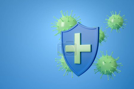 Photo for Antibacterial, anti virus shield with cross, corona and omicron, blue background. Concept of health and protection. Mockup copy space. 3D rendering - Royalty Free Image