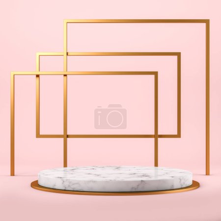 Photo for Marble platform and gold line abstract arch. Minimalist mockup for product display, advertising goods. Product presentation, mock up copy space. 3D rendering - Royalty Free Image