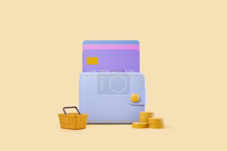 Téléchargez les photos : Wallet with credit card, coins and shopping basket on light yellow background. Concept of digital payment and shopping. 3D rendering - en image libre de droit