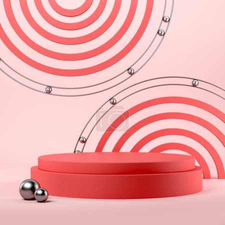Foto de Plataforma roja y decoración circular, bolas metálicas. Cilindro maqueta para la exhibición del producto, los bienes publicitarios y la presentación, espacio de copia. Renderizado 3D - Imagen libre de derechos