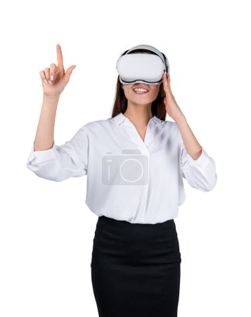 Téléchargez les photos : Businesswoman working in virtual reality glasses, finger touch, isolated over white background, digital world and communication. Concept of metaverse and business - en image libre de droit