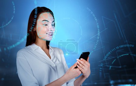 Téléchargez les photos : Businesswoman smiling using phone in hands, biometric verification and facial recognition. Metaverse and binary. Concept of face id and technology - en image libre de droit
