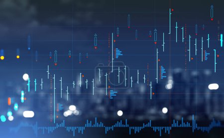Photo for Stock market diagrams, financial chart with candlesticks, blurred New York skyline, skyscrapers at night. Concept of forex and investment - Royalty Free Image
