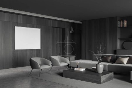 Photo for Corner view on dark living room interior with empty white poster, sofa, two armchairs, coffee table, shelves, wooden wall, carpet, concrete floor. Concept of minimalist design. Mock up. 3d rendering - Royalty Free Image