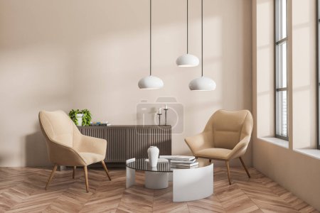 Photo for Beige living room interior with two armchairs, coffee table with books, sideboard on hardwood floor. Panoramic window on city view. 3D rendering - Royalty Free Image