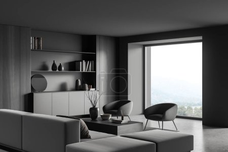 Photo for Dark living room interior with sofa and armchairs, side view, shelf with art decoration, coffee table on grey concrete floor. Panoramic window on countryside. 3D rendering - Royalty Free Image