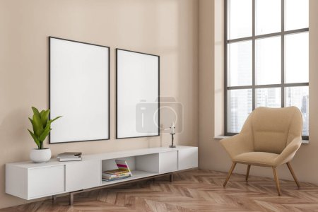 Photo for Beige living room interior, armchair and sideboard , side view, art decoration. Panoramic window on city view, hardwood floor. Two mock up blank posters. 3D rendering - Royalty Free Image