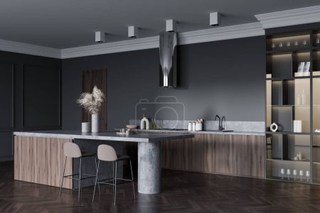 Photo for Corner view on dark kitchen room interior with island with barstools, cupboard, shelf with glasses, grey wall, sink, oak wooden floor. Concept of minimalist design. 3d rendering - Royalty Free Image
