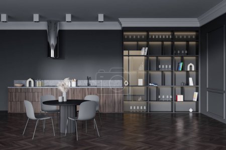 Photo for Front view on dark kitchen room interior with island with barstools, dining table with chairs, cupboard, shelf with glasses, grey wall, oak wooden floor. Concept of minimalist design. 3d rendering - Royalty Free Image