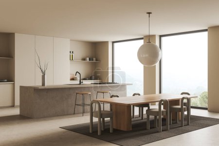 Photo for Beige kitchen interior with eating table, carpet on light concrete floor. Countertop and shelf with kitchenware, side view, panoramic window on countryside. 3D rendering - Royalty Free Image