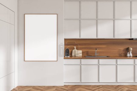 Foto de White kitchen interior with sink and shelves, kitchenware on deck. Mockup copy space menu and recipe, hardwood floor, 3D rendering - Imagen libre de derechos
