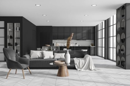 Photo for Front view on dark studio room interior with island with barstools, panoramic window sofa, cupboard, shelf with books, grey wall, sink, oak wooden floor. Concept of minimalist design. 3d rendering - Royalty Free Image