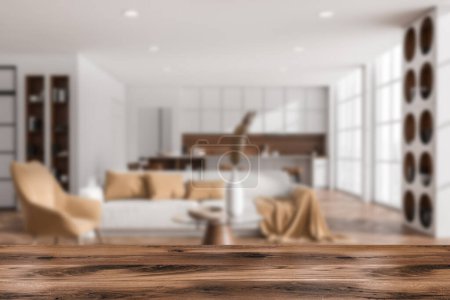 Photo for Front view on bright studio room interior with good display for advertisement, island with barstools, sofa, cupboard, white wall, sink, oak wooden floor. Concept of minimalist design. 3d rendering - Royalty Free Image