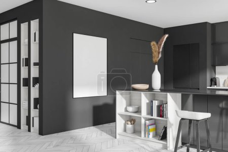 Téléchargez les photos : Intérieur de la cuisine avec chaise de bar et comptoir, vue latérale, vaisselle et décoration d'art sur étagère. Affiche de toile maquillée sur un mur sombre. rendu 3D - en image libre de droit