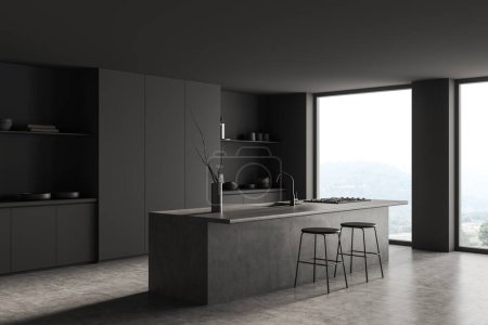 Photo for Dark kitchen interior with bar chairs and countertop with stove and sink, grey concrete floor. Eating area, side view, panoramic window on countryside. 3D rendering - Royalty Free Image
