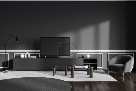 Photo for Dark living room interior with tv set on dresser with decoration, coffee table on carpet and armchair on hardwood floor. Stylish relax place in modern apartment. 3D rendering - Royalty Free Image