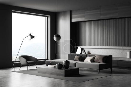 Foto de Dark living room interior with sofa and armchair, side view, coffee table and stand with decoration, carpet on grey concrete floor. Panoramic window on countryside. 3D rendering - Imagen libre de derechos