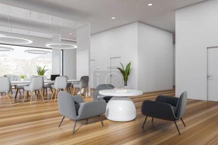 Téléchargez les photos : White office hall interior with lounge and coworking zone. Armchairs and coffee table with books on hardwood floor, side view. Panoramic window on countryside. 3D rendering - en image libre de droit