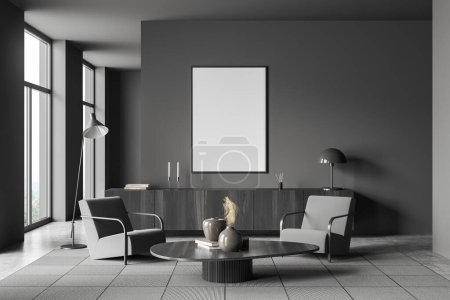 Photo for Grey living room interior with two armchairs and coffee table, shelf with art decoration, carpet on grey concrete floor. Panoramic window on countryside. Mock up blank poster. 3D rendering - Royalty Free Image