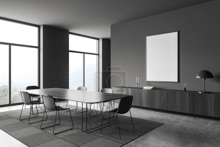 Photo for Grey conference room interior with chairs and table, side view, cabinet with art decoration, carpet on grey concrete floor. Panoramic window on countryside. Mock up blank poster. 3D rendering - Royalty Free Image