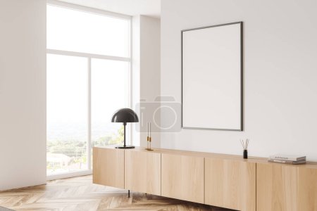 Photo for White living room interior with wooden dresser and art decoration, side view, hardwood floor. Panoramic window on countryside. Mock up poster. 3D rendering - Royalty Free Image
