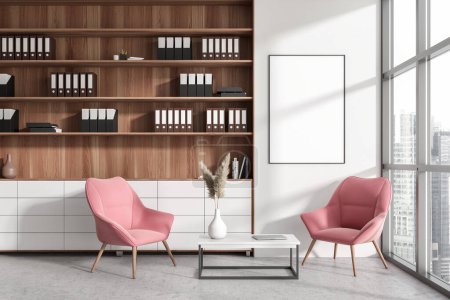 Foto de White chill corner interior in business office, armchairs and coffee table, shelf with documents. Panoramic window on city view, grey concrete floor. Mock up canvas poster. 3D rendering - Imagen libre de derechos