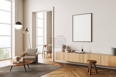 Photo for Light living room interior with armchair and dresser, side view, hardwood floor. Panoramic window on countryside. Mock up blank poster. 3D rendering - Royalty Free Image