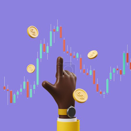 Foto de African cartoon hand, finger point at stock market graph with candlestick, coin falling on purple background. Concept of trading and analysis. 3D rendering - Imagen libre de derechos