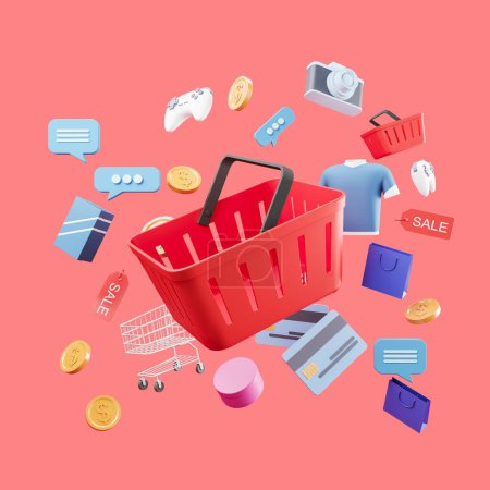 Photo for Shopping basket on pink background. Photo camera, gamepad, money and text messages icons. Purchase and discount. Concept of gift. 3D rendering - Royalty Free Image
