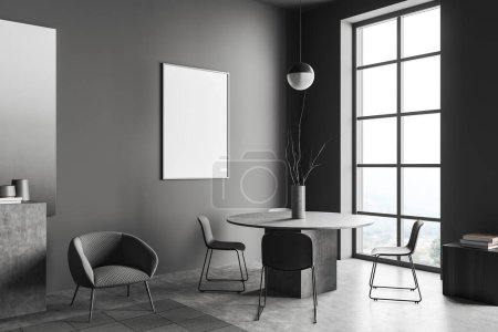 Foto de Dark dining interior with chairs and table on grey concrete floor. Art decoration near panoramic window on countryside. Mockup poster. 3D rendering - Imagen libre de derechos