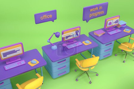 Foto de Espacio de coworking de dibujos animados con ordenador PC y sillón sobre fondo verde, vista superior, lugar de trabajo con texto emergente. Concepto de trabajo en curso. Renderizado 3D - Imagen libre de derechos