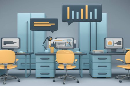 Photo for Open space office with pc computer and shelves on grey background, workspace with pop-up bubble text and data. Concept of coworking. 3D rendering - Royalty Free Image