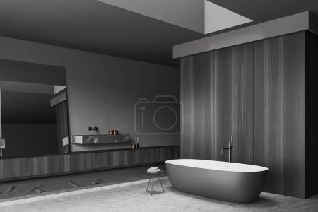 Photo for Dark bathroom interior with sink and bathtub, side view marble deck and black dresser with accessories, grey concrete floor. Copy space wooden wall. 3D rendering - Royalty Free Image