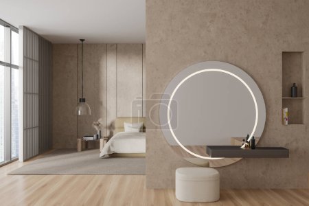 Photo for Front view on bright studio interior with bed, bedsides, carpet, mirror, sink, hardwood floor, white wall. Concept of minimalist design. Space for chill and relaxation. 3d rendering - Royalty Free Image
