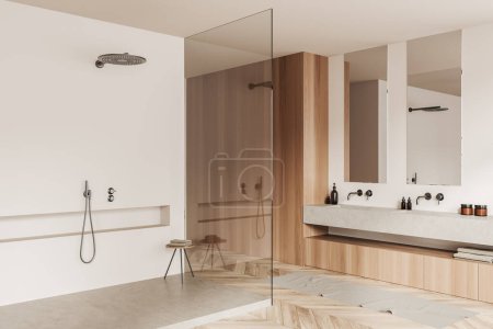 Photo for Beige bathroom interior with double sink and mirror, side view shower behind glass partition. Stone deck and wooden dresser with accessories. 3D rendering - Royalty Free Image