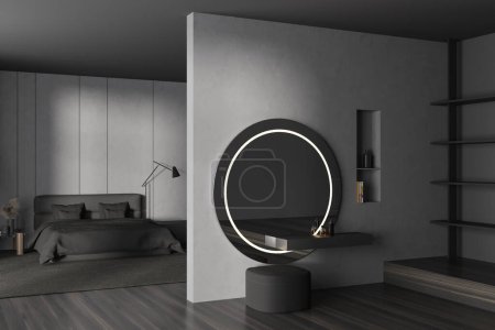 Photo for Corner view on dark studio interior with bed, bedsides, carpet, mirror, sink, hardwood floor, grey wall. Concept of minimalist design. Space for chill and relaxation. 3d rendering - Royalty Free Image