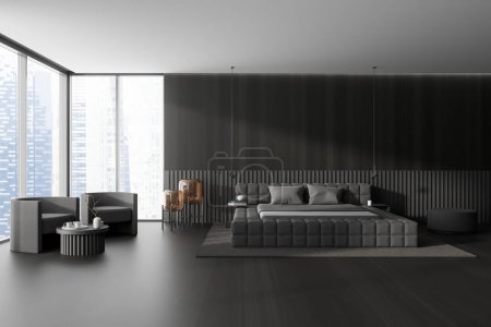 Foto de Interior de dormitorio oscuro con cama y dos sillones en suelo de madera. Mesa de centro con decoración y lámpara, ventana panorámica sobre rascacielos. Renderizado 3D - Imagen libre de derechos