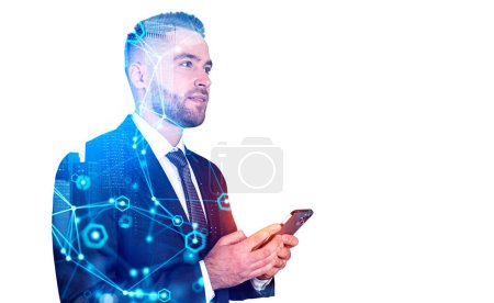 Photo for Dreaming handsome businessman wearing formal wear standing holding smartphone. City skyscraper and digital interface, copy space in background. Concept of pondering business person, mobile application - Royalty Free Image