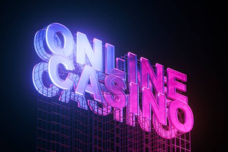 Foto de Online casino neon glowing signboard on dark background. Concept of online games and win. 3D rendering - Imagen libre de derechos