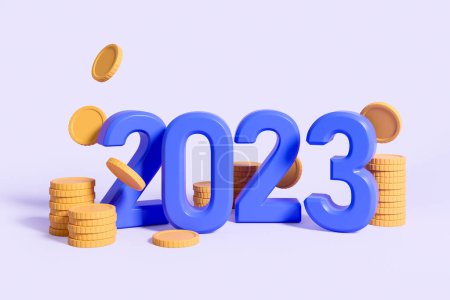 Foto de 2023 signo y monedas de oro cayendo sobre fondo púrpura. Concepto de presupuesto, finanzas y ganancias. Renderizado 3D - Imagen libre de derechos
