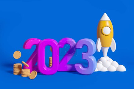Photo for Gradient 2023 sign and rocket take off, gold coins on blue background. Concept of start up, strategy and plan. 3D rendering - Royalty Free Image