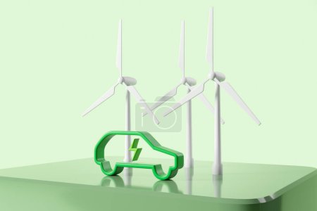 Téléchargez les photos : Abstract electric car with wind power station, side view on green pedestal. Concept of eco energy and renewable sources. 3D rendering - en image libre de droit