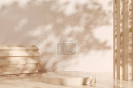 Téléchargez les photos : Stone beige podium with abstract shadow and columns. Mockup for product display and presentation. 3D rendering - en image libre de droit