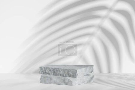Photo for Two grey rock plates on empty white background with palm shadow, stone pedestal for presentation. Mockup for product display. 3D rendering - Royalty Free Image