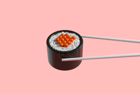 Foto de Palillos que sostienen el rollo de sushi maki con caviar sobre fondo rosa. Concepto de entrega y comida japonesa. Renderizado 3D - Imagen libre de derechos