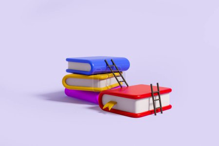 Téléchargez les photos : Pile of books and small ladders on copy space empty purple background. Concept of studies and achievement. 3D rendering - en image libre de droit