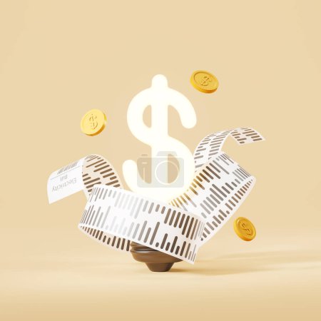 Photo for Dollar light bulb with falling coins and long paper bill, beige background. Concept of crisis and high electricity costs. 3D rendering - Royalty Free Image
