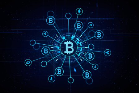 Téléchargez les photos : Icônes de crypto-monnaie et hologramme Bitcoin lumineux, chaîne de réseau en ligne et blockchain avec binaire. Concept de communication financière. rendu 3D - en image libre de droit